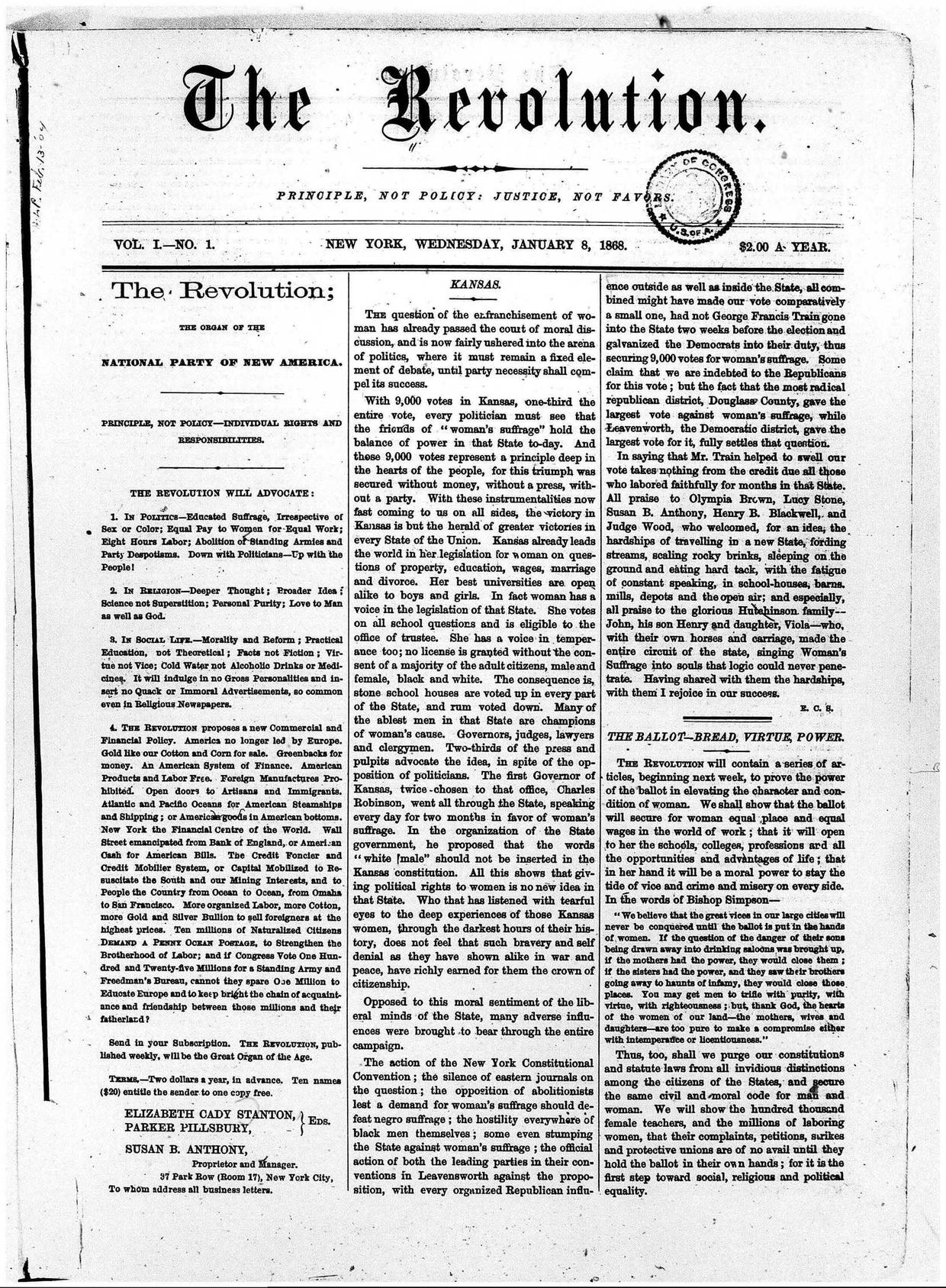 Susan B. Anthony's Newspaper "The Revolution" (18681872) published by